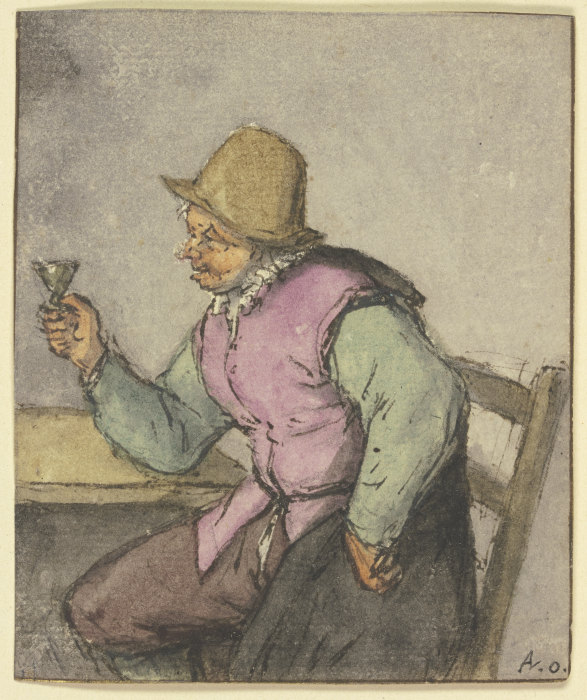 An einem Tisch sitzender Bauer mit Glas, nach links van Adriaan van Ostade