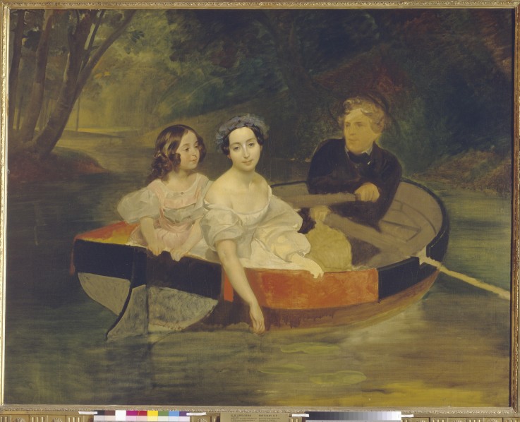 Self-portrait with Baroness Yekaterina Meller-Zakomelskaya and her daughter in a boat van Brüllow
