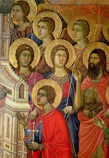 Maesta: Detail of Saints, including St. John the Baptist, 1308-11 van Duccio di Buoninsegna