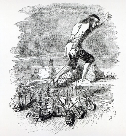 Gulliver stealing the Blefuscudian fleet, illustration from ''Gullivers Travels'' Jonathan Swift van Grandville (Jean Ignace Isidore Gerard)