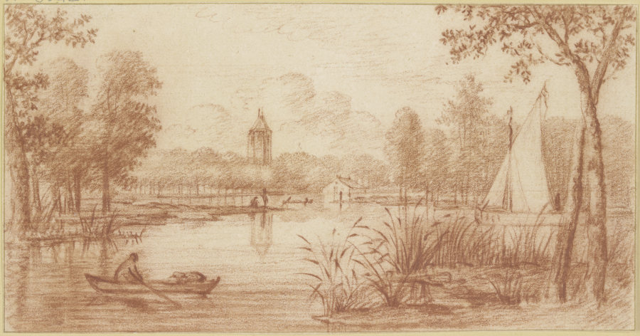 Flussgegend zwischen Bäumen, rechts ein Segelschiff, links ein Boot, im Hintergrund ein Turm van Abraham Rutgers