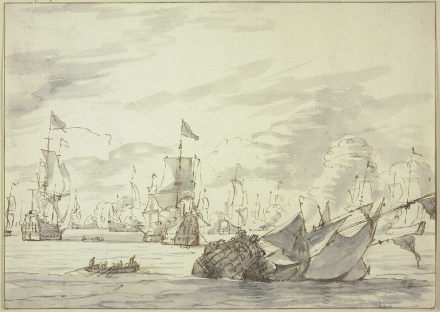Seegefecht, vorne rechts ein sinkendes Schiff van Abraham Storck d. Ä.
