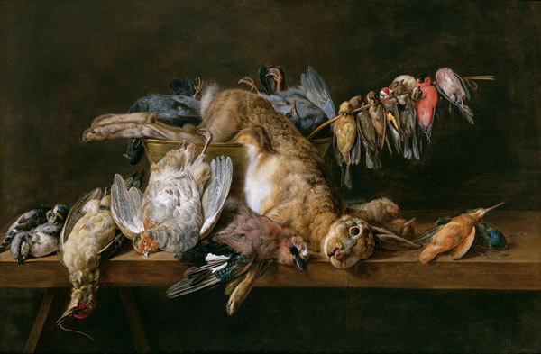 Still life of dead birds and a hare on a table van Adriaen van Utrecht
