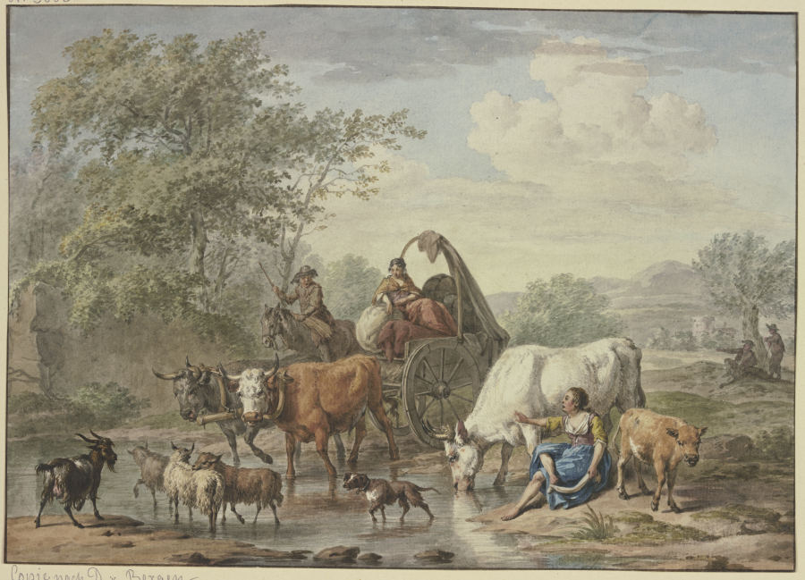 Hirten fahren mit einem Wagen durchs Wasser, rechts eine Hirtin, die sich die Füße wäscht, bei einer van Aert Schouman