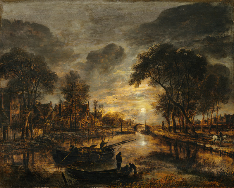 Nocturnal Canal Landscape with Fishing Boats van Aert van der Neer