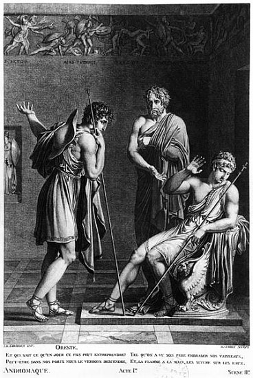 Orestes and Pyrrhus, illustration from Act I Scene 2 of ''Andromaque'' Jean Racine (1639-99) ; engra van (after) Anne Louis Girodet de Roucy-Trioson