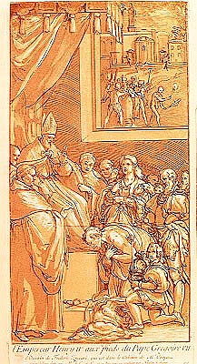 Emperor Henri IV (1050-1106) at the feet of Pope Gregory VII (1020-85) ; engraved by Nicolas Le Sueu van (after) Federico Zuccari or Zuccaro