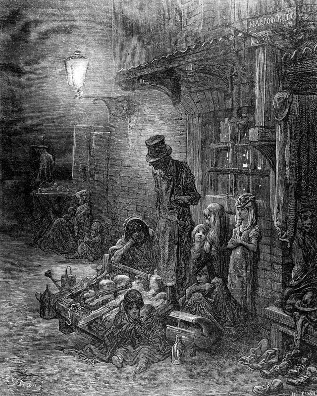 Off Billingsgate, view of Harrow Alley, from ''London, a Pilgrimage'', written by William Blanchard  van (after) Gustave Dore