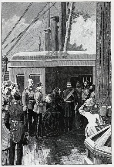 The Queen investing Abdul Aziz with the Order of the Garter van (after) William Barnes Wollen