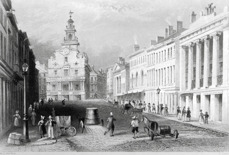 State Street, Boston; engraved by S.Lacey van (after) William Henry Bartlett
