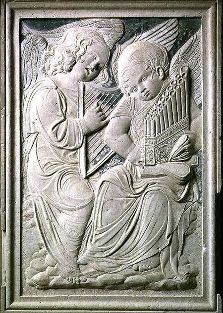 Two putti, one playing the harp and singing, the other playing the portative organ, from the frieze van Agostino  di Duccio