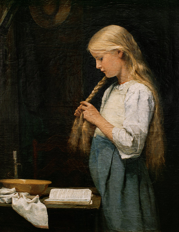 Girl braiding her hair van Albert Anker