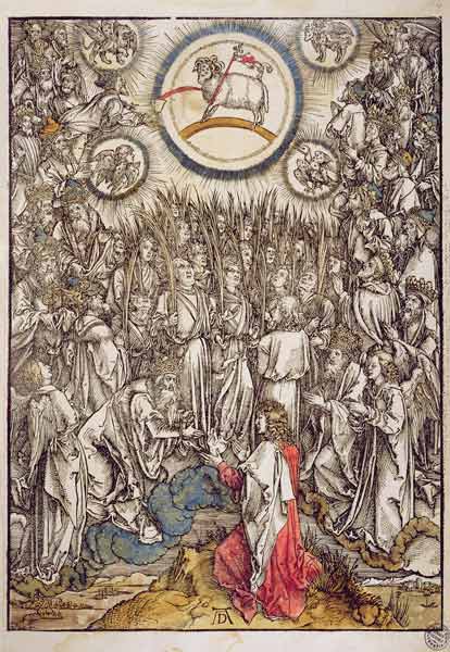 The Lamb of God appears on Mount Sion, 1498 (colour woodcut) van Albrecht Dürer