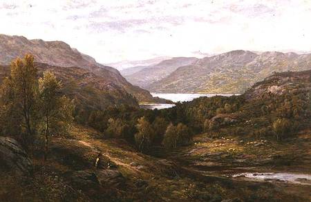 A Shepherd Boy with his Dog in a Highland Landscape van Alfred I Glendening