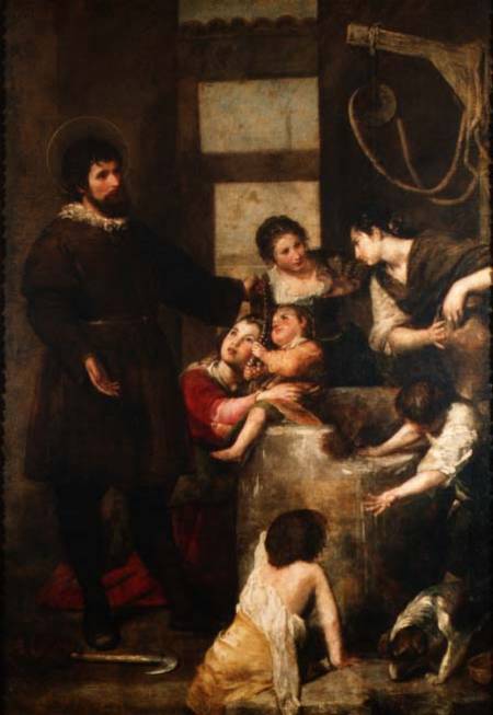St. Isidore saves a child that had fallen in a well van Alonso Cano