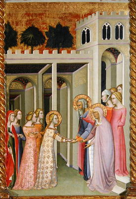 Triptych of the Coronation of the Virgin, right panel depicting the Virgin returning to her family h van also Manfredi de Battilori Bartolo di Fredi