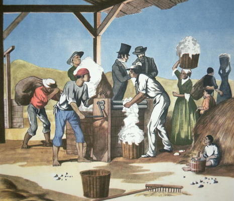 Eli Whitney's (1765-1825) Cotton Gin, operated by black slaves, 1793 (colour litho) van American School, (18th century)