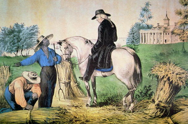 George Washington (1732-99) on his Mount Vernon estate with his black field hands, 1797 (colour lith van American School, (18th century)