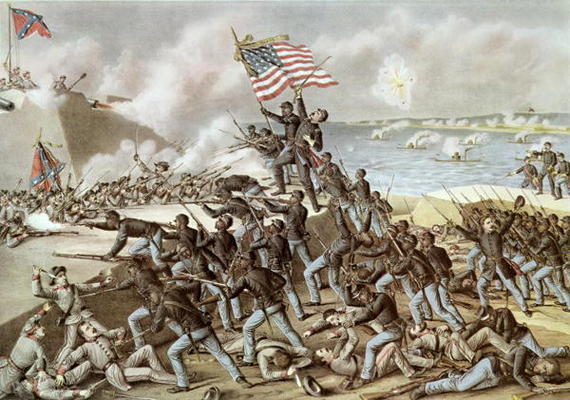 Black troops of the 54th Massachusetts Regiment during the assault of Fort Wagner, South Carolina, 1 van American School, (19th century)