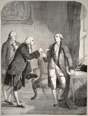 John Adams (1735-1826) as the First American Ambassador to the English Court, presenting his credent van American School, (19th century)