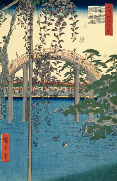 The Bridge with Wisteria or Kameido Tenjin Keidai, plate 57 from ''100 Views of Edo'' van Ando oder Utagawa Hiroshige