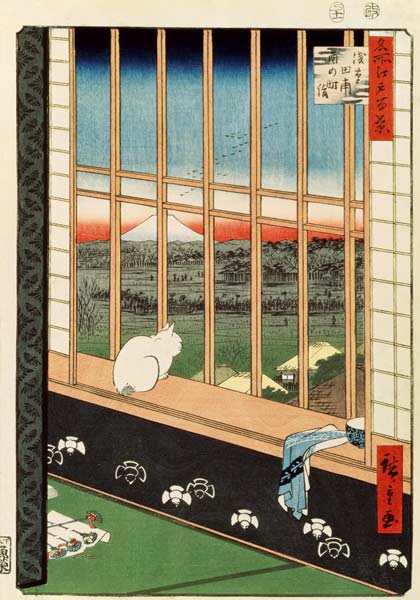 A cat sitting on the window seat van Ando oder Utagawa Hiroshige