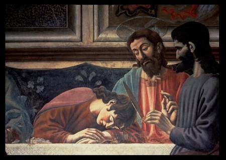 The Last Supper, detail of Judas, Christ and St. John van Andrea del Castagno