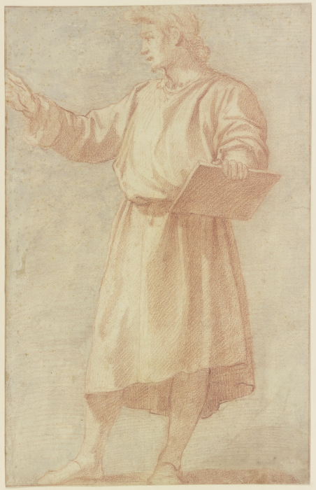 Stehender Mann nach links mit vorgestrecktem rechten Arm und einer Tafel mit der Linken in starker V van Andrea del Sarto