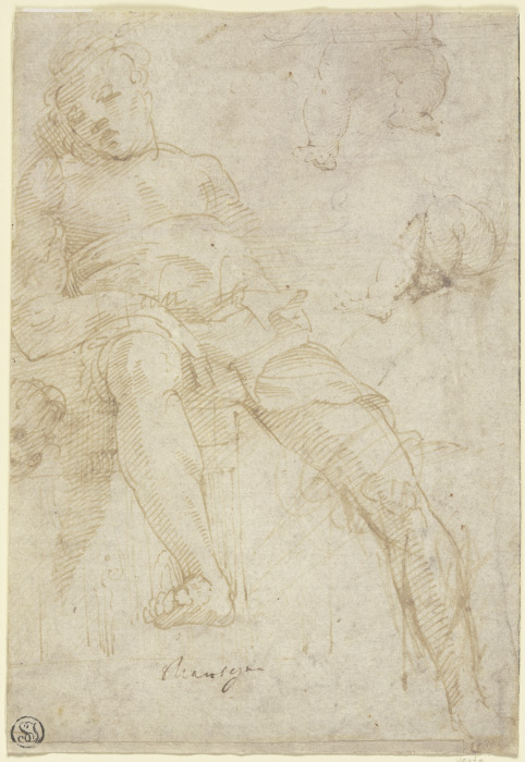 Schlafender Jüngling in Gegenrichtung zum Jüngling in Mantegnas Bacchanal mit Weinfass, ferner Beins van Andrea Mantegna