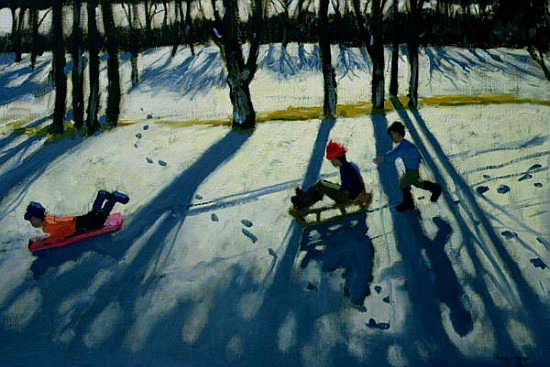 Boys Sledging, Allestree Park, Derby (oil on canvas)  van Andrew  Macara