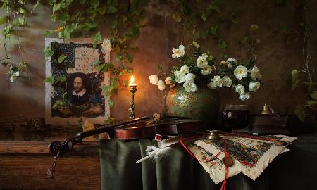 Still life with violin and flowers