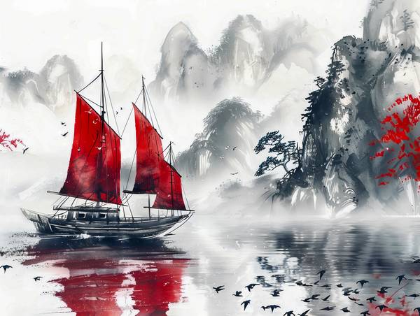 Chinees boot op zee met bergen van Anja Frost