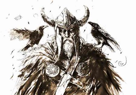  Potloodtekening van Allvater Odin, de oppergod in de Noordse mythologie, vergezeld door zijn twee r
