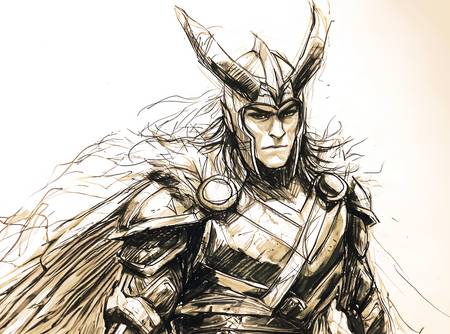 Potloodtekening van Loki, de raadselachtige figuur uit de Noordse mythologie.