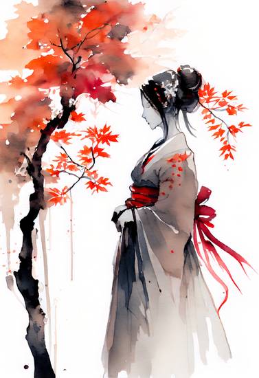Japanse geisha met herfstesdoorn. waterverf