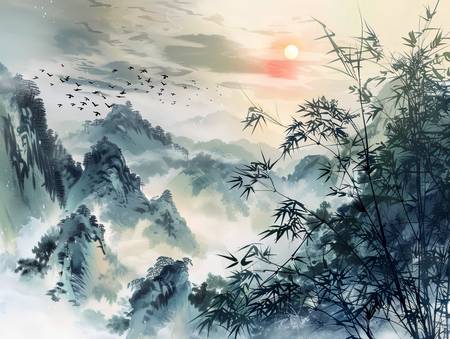 Zwerm trekvogels vliegt over de bergen van China.