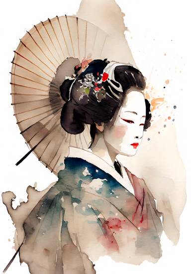 Traditionele Japanse geisha met kimono en parasol. waterverf