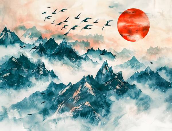 Vogels vliegen over de bergen van China naar de rode zon. van Anja Frost