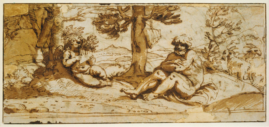 Amor, Playing the Flute, and Silen in an Arcadian Landscape van Annibale Carracci