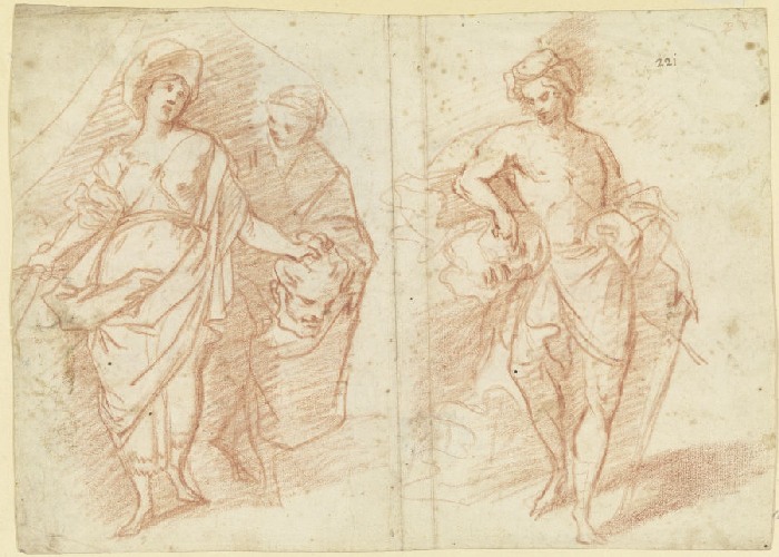 Links Judith mit dem Haupt des Holofernes, rechts David mit dem Haupt des Goliath van Anonym