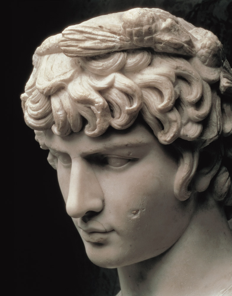 Portrait head of Antinous wearing the wreath of Dionysus, part of a statue from the villa of Emperor van Anoniem