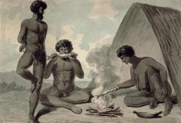 Aborigines eating fish in front of a campfire, possibly by Philip Gidley King (1758-1808) (w/c) van Anoniem