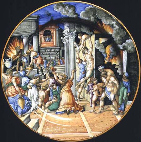 Maiolica plate depicting the burning of Troy with Aeneas carrying his father Anchises on his back wi van Anoniem