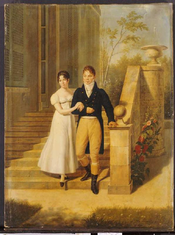 Ein vornehmes Paar auf den Stufen eines Schlosses. van Anthelme Francois Lagrenée