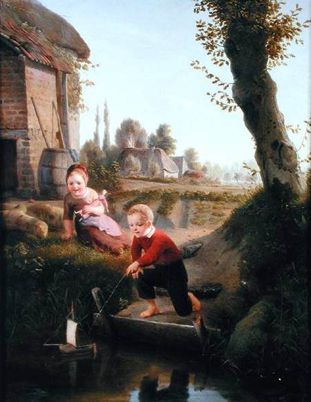 Two children playing with a boat van Antoine de Bruycker