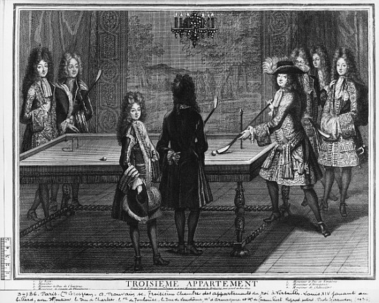 Louis XIV playing billiards with his brother, Monsieur, his nephew the duc de Chartres , his son, th van Antoine Trouvain