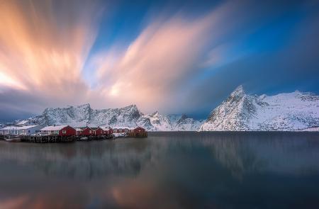 Fishermen’s cottages view in Hamnoy , Lofoten Island .