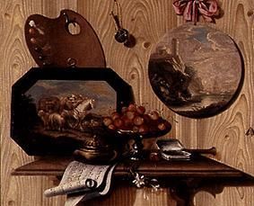 Trompe-l'Oeil: Schale mit Kirschen, Dose, Notenblatt, Palette und zwei Bildern van Antonio Mara