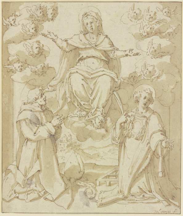 Madonna mit dem Heiligen Laurentius und einem heiligen Bischof van Antonio Semino