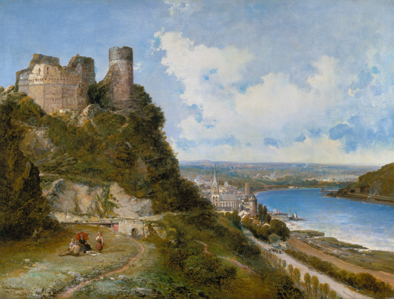 Blick auf Oberwesel am Rhein mit der Burgruine van Arthur Joseph Meadows